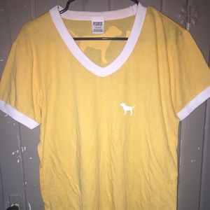 Pink VS Mustard yellow ring v-neck tee